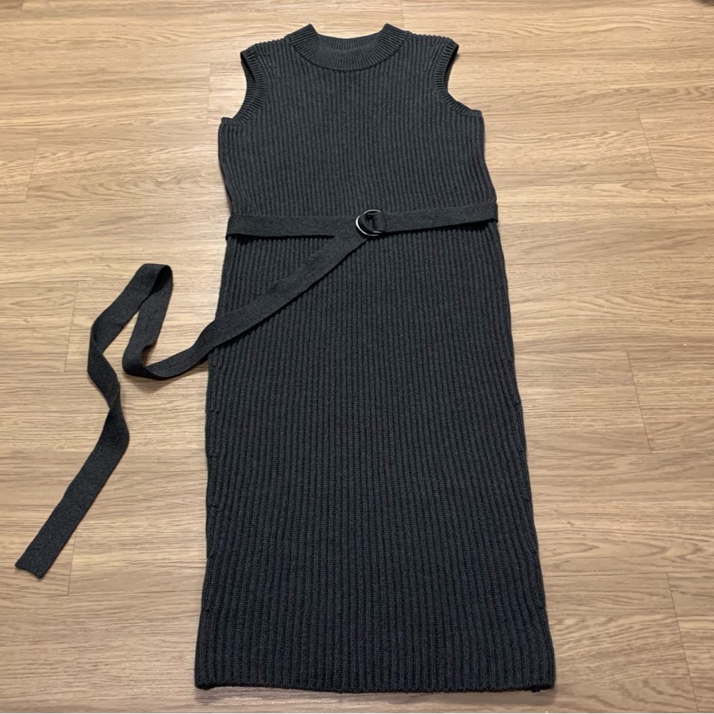 NEW AllSaints East Knit Cotton Ribbed Belted Midi Dress Gray Charcoal Size M - Picture 3 of 14